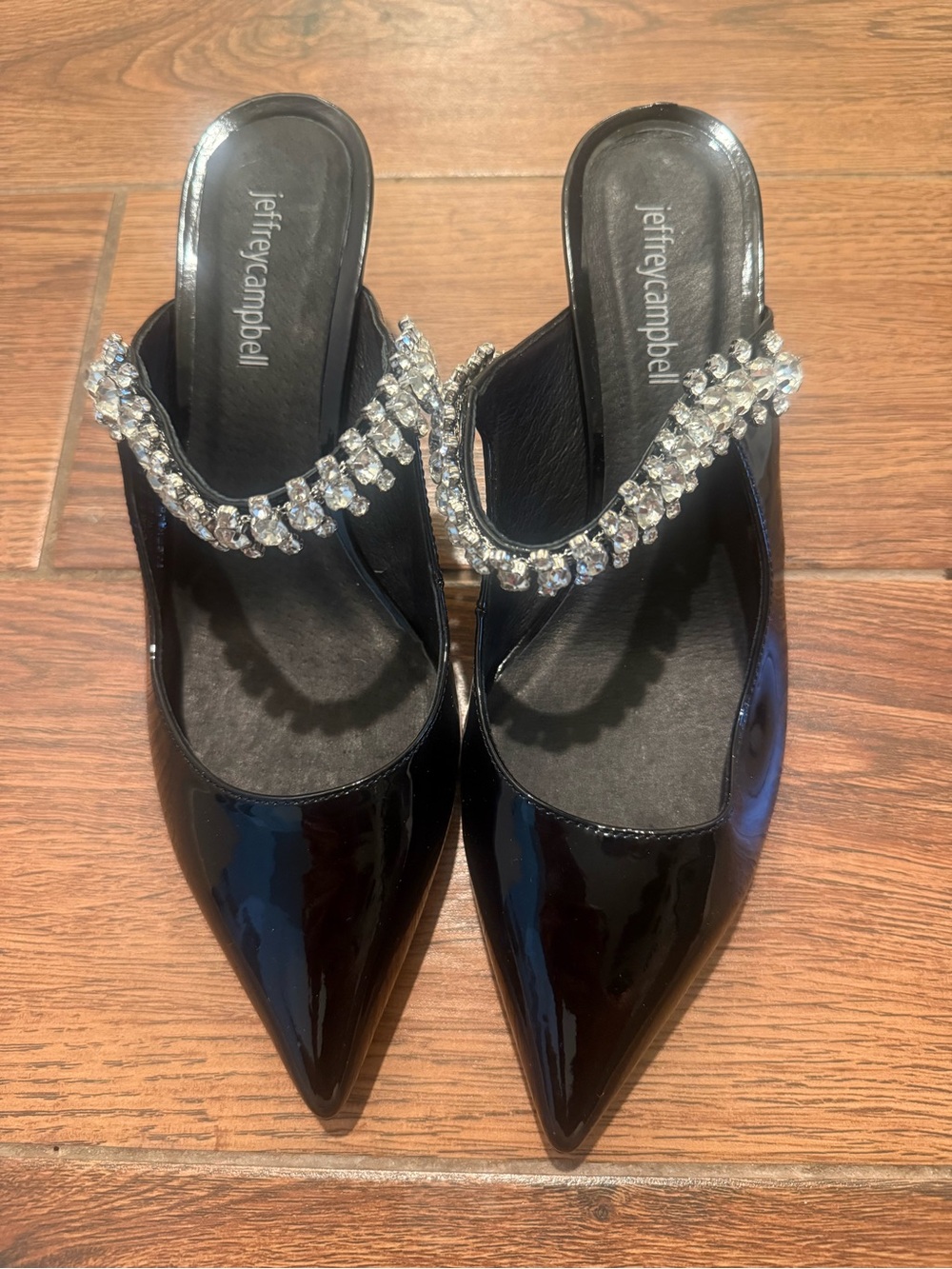 Jeffrey Campbell Black Patent Pointed Toe Mules with Crystal Strap - Picture 2 of 7